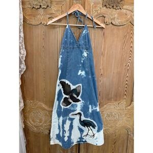 Distressed/ Upcycled Denim Dress| Vintage Birds Patchwork| One of a Kind| size 8
